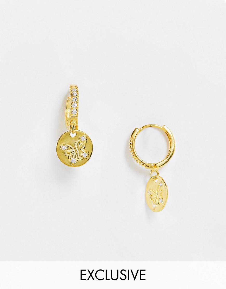 Reclaimed Vintage Inspired unisex sterling silver earrings with engraved butterfly in 14k gold plate