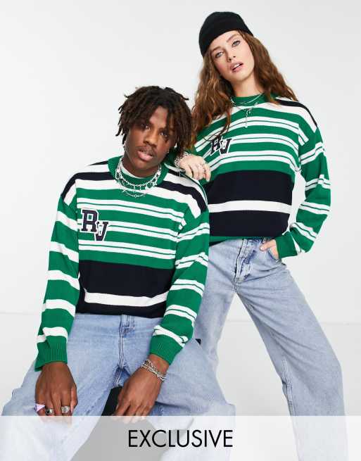 Reclaimed Vintage Inspired – Unisex-Strickpullover mit bunten Streifen und College-Abzeichen 