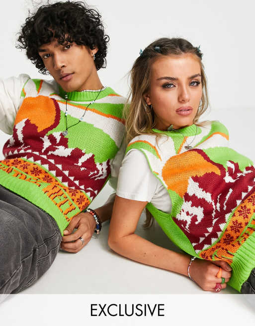 Reclaimed Vintage Inspired – Unisex-Strickpullunder mit Landschaftsmotiv