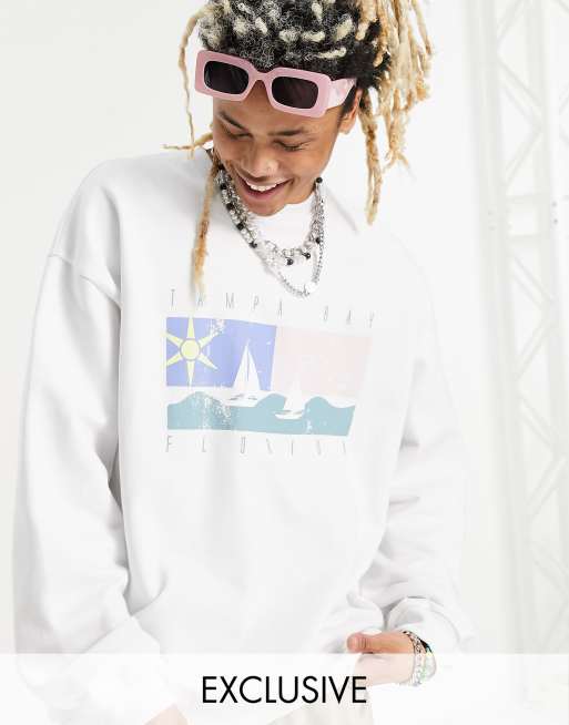 Reclaimed Vintage inspired unisex sweat with sea graphic in white