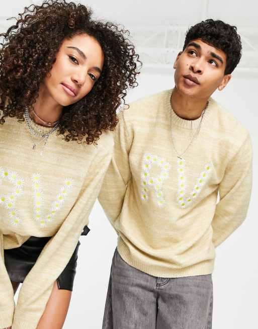 Reclaimed Vintage inspired unisex sweater with daisy embroidery in beige