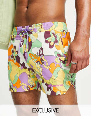 Reclaimed Vintage Inspired unisex swim shorts in 70s print