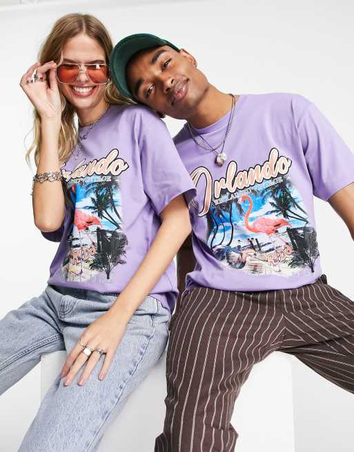 Reclaimed Vintage inspired unisex t-shirt with postcard flamingo print in purple