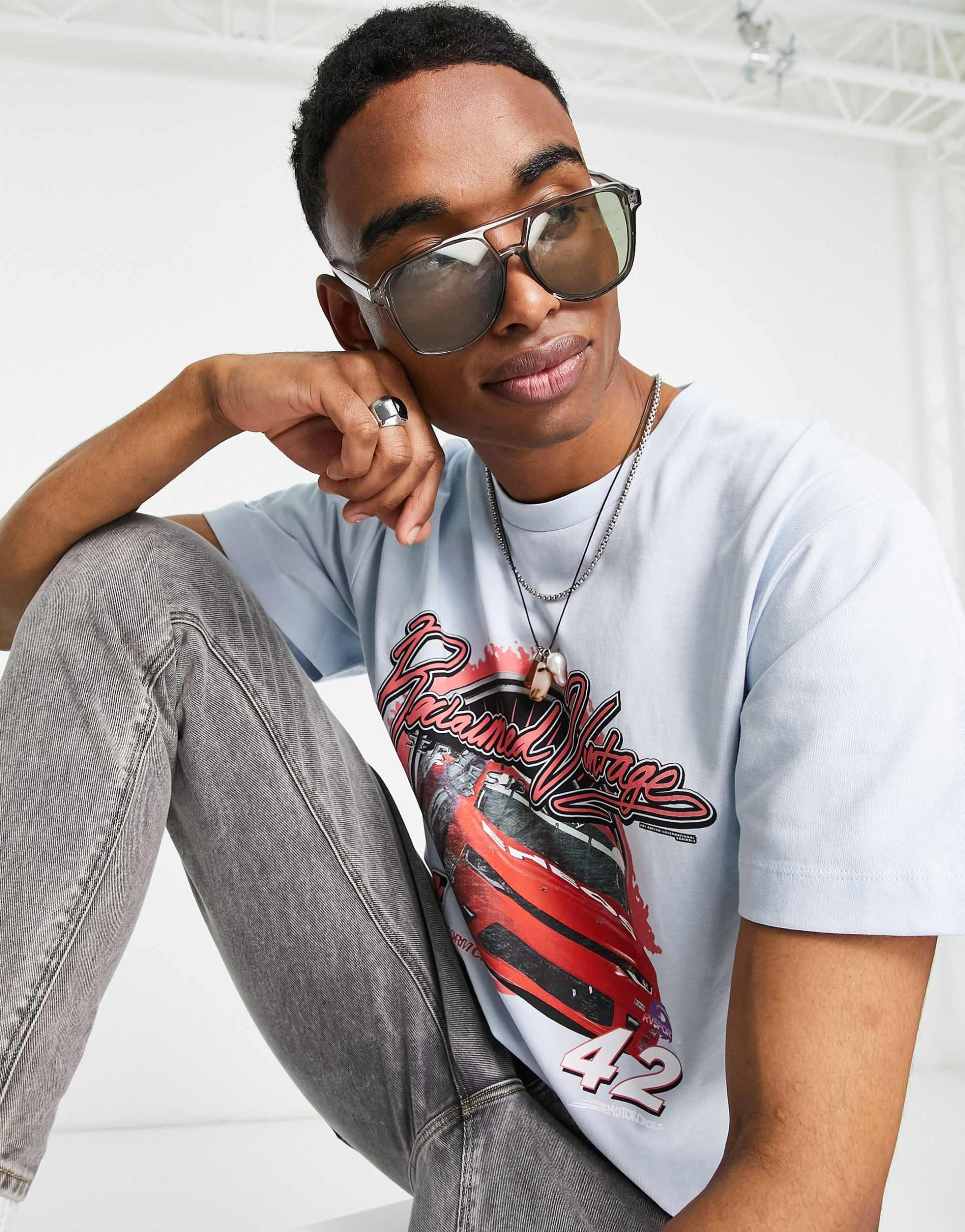 Reclaimed Vintage inspired unisex t-shirt with retro car print in blue view 4