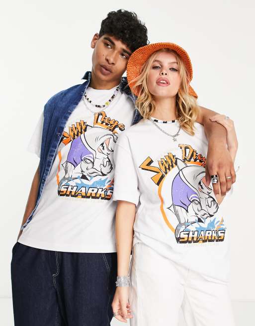 Reclaimed Vintage Inspired unisex t-shirt with shark graphic in white