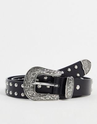 Reclaimed Vintage inspired unisex western belt with stud detail in black
