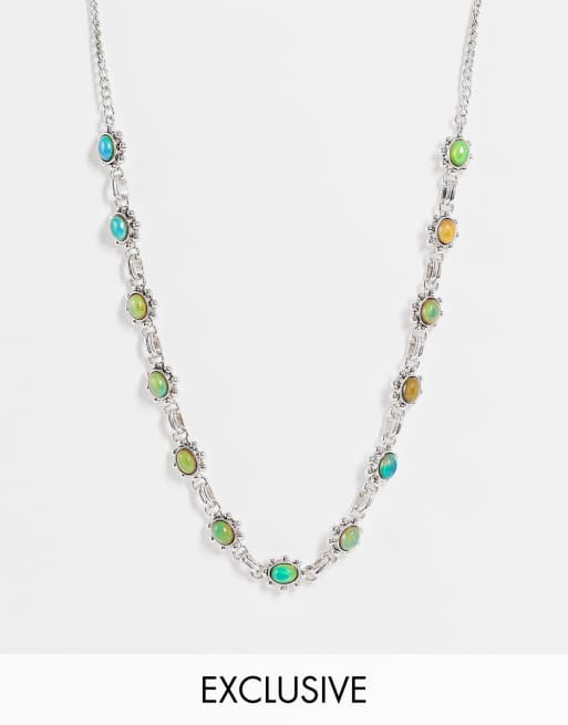 Reclaimed Vintage inspired unisex y2k grunge necklace with mood stones in silver