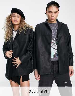 Reclaimed Vintage inspired unisex faux leather dad jacket in black - ASOS Price Checker