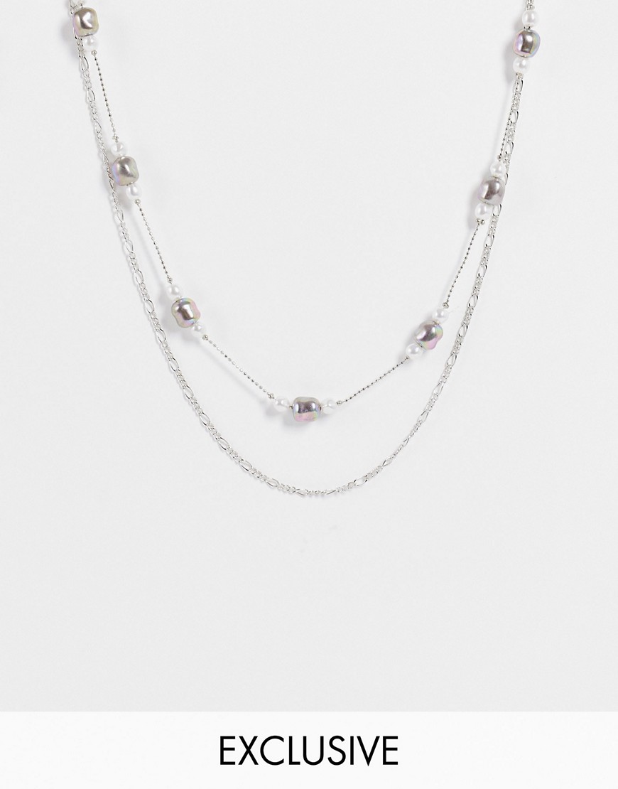 Reclaimed Vintage Inspired - Vintage-inspireret halskæde med flere rækker og mørke, imiterede perler i sølvfarve