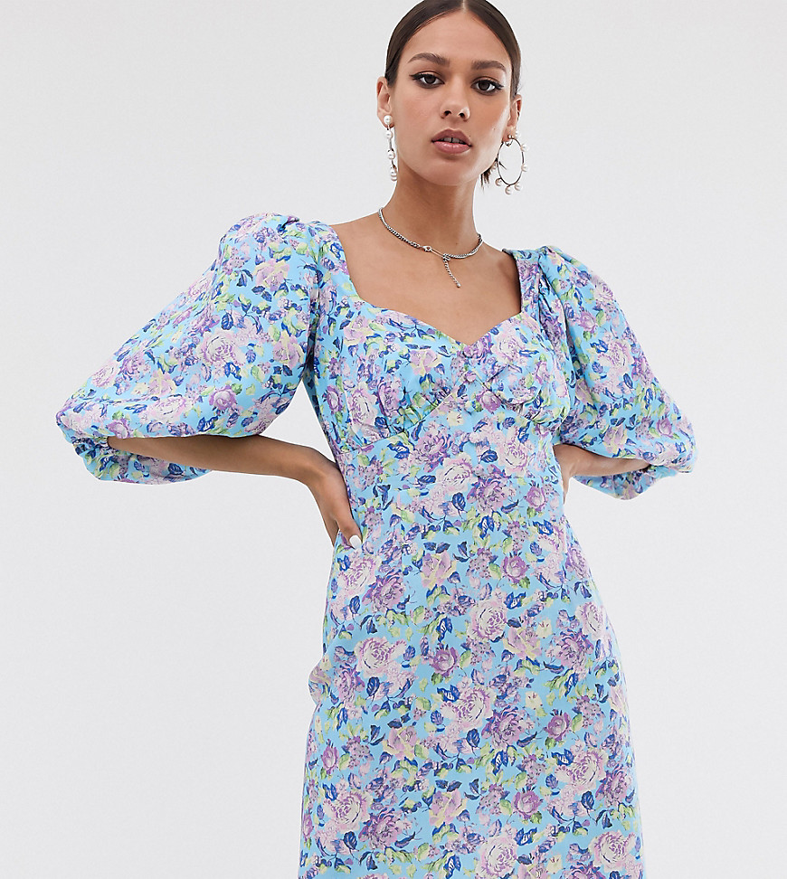 Reclaimed Vintage Inspired - vintageinspireret knælang kjole med pufærmer i blomsterprint-Blå