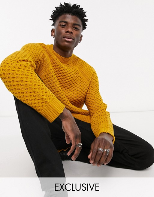 Reclaimed Vintage inspired waffle texture jumper in mustard