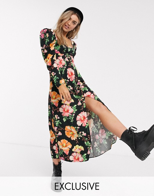 Reclaimed Vintage inspired waisted midi dress in black floral print