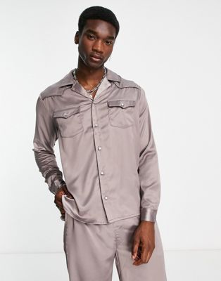 Reclaimed Vintage inspired western satin shirt in grey co-ord