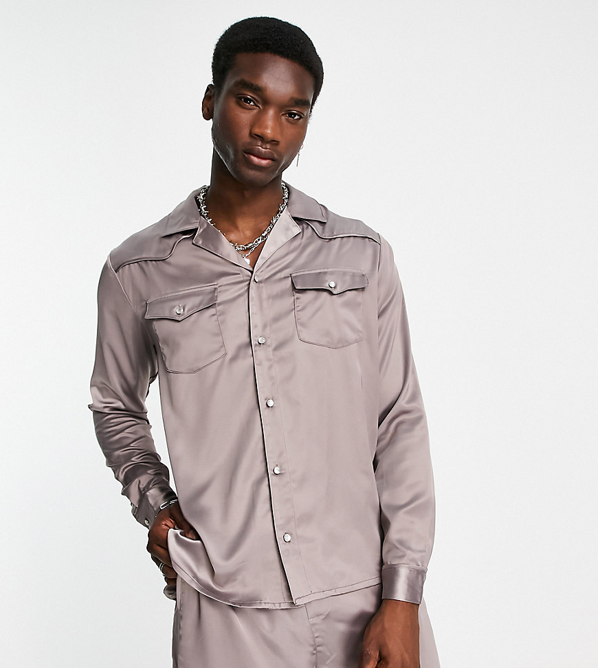 Reclaimed Vintage inspired western satin shirt in grey co-ord