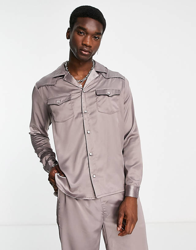 Reclaimed Vintage - inspired western satin shirt in grey co-ord