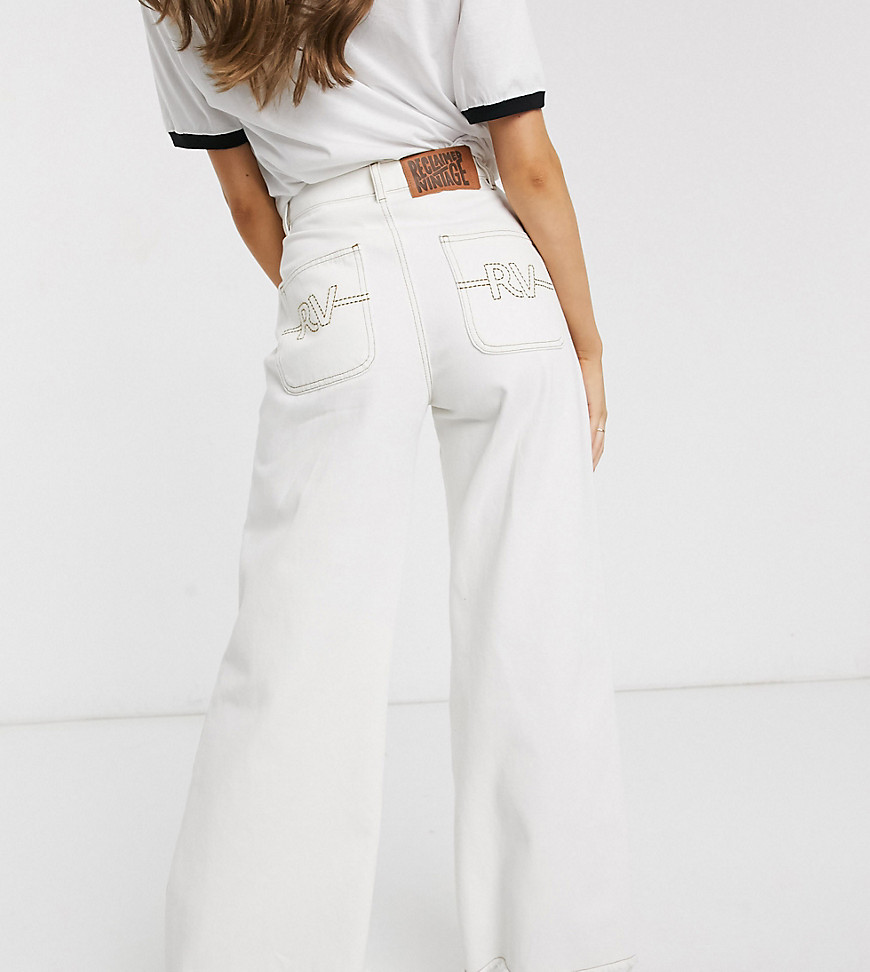 Reclaimed Vintage inspired wide leg jean with stitch detail-White