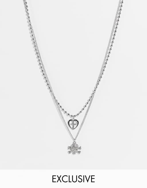 Reclaimed Vintage Inspired – Wielowarstwowy naszyjnik łańcuszkowy unisex w kolorze srebrnym z czaszką