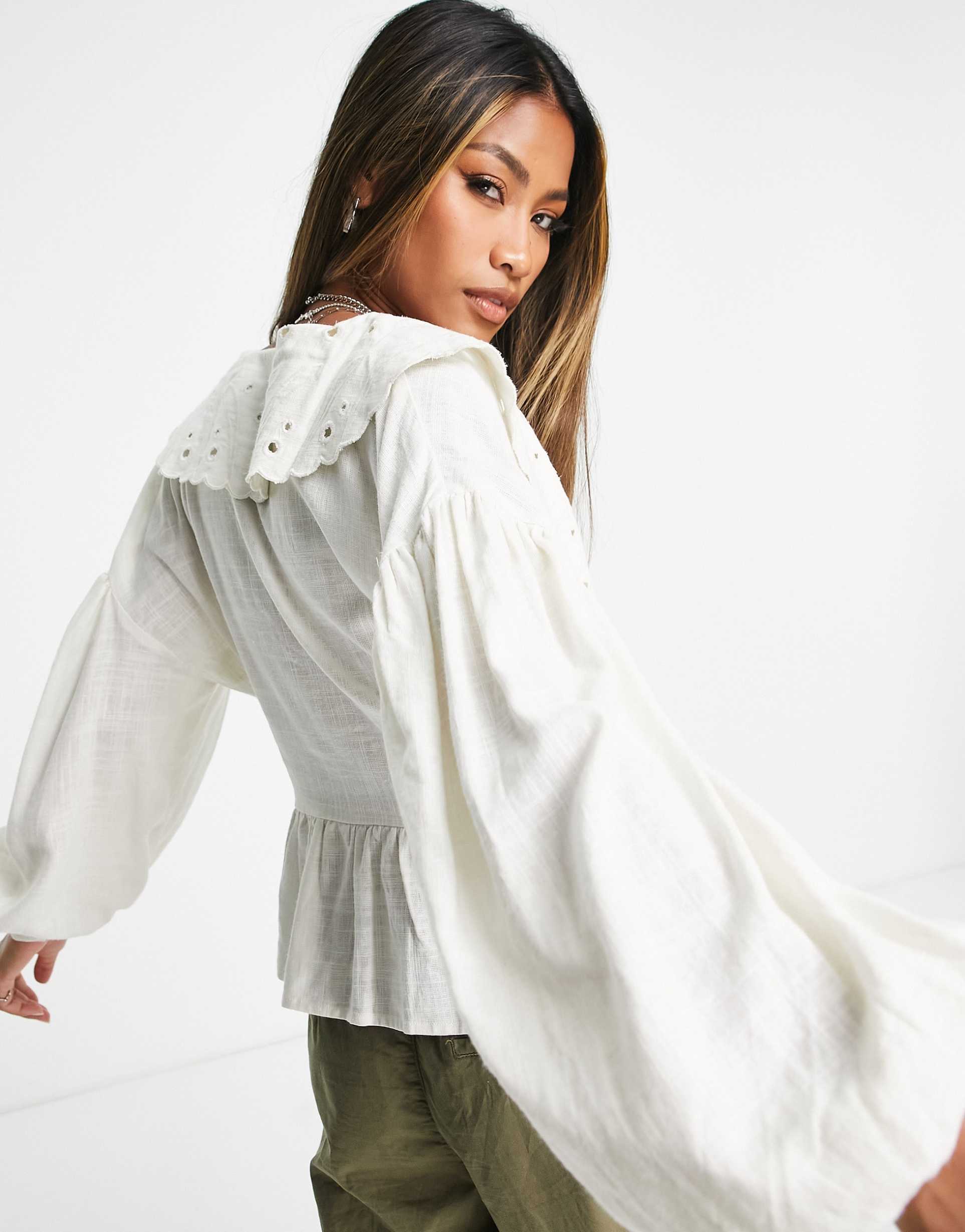 Reclaimed Vintage inspired wrap blouse with statement collar in white view 3
