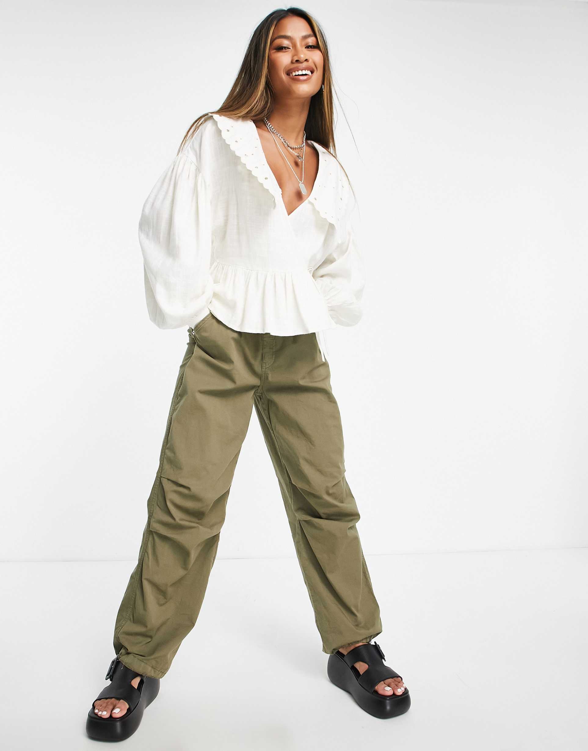Reclaimed Vintage inspired wrap blouse with statement collar in white