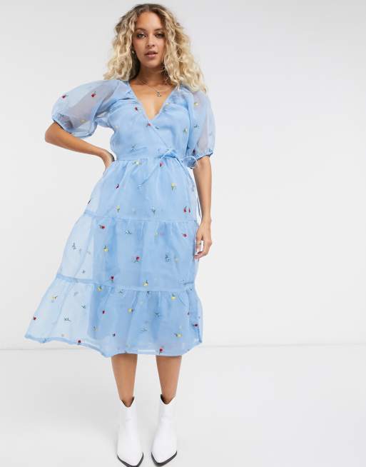 Reclaimed Vintage inspired wrap dress with embroidery in organza