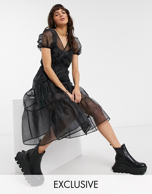 Reclaimed Vintage inspired wrap dress with volume sleeve in organza