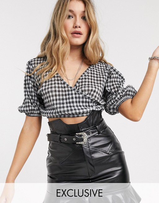 Reclaimed Vintage inspired wrap over crop top with volume sleeve in sheer metallic check