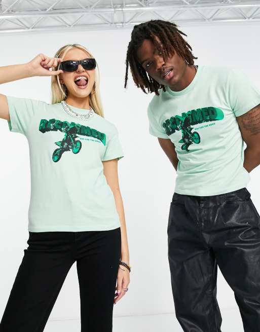 Reclaimed Vintage Inspired – Zielony T-shirt unisex o dopasowanym kroju z nadrukiem motoru