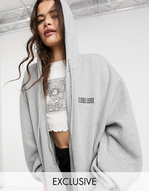 Reclaimed Vintage inspired zip front hoodie in grey marl with logo