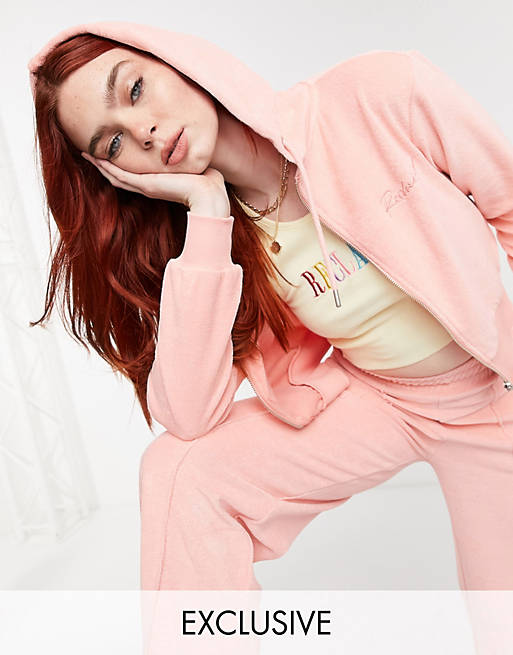 Women Reclaimed Vintage inspired zip front hoodie in towelling in pink 