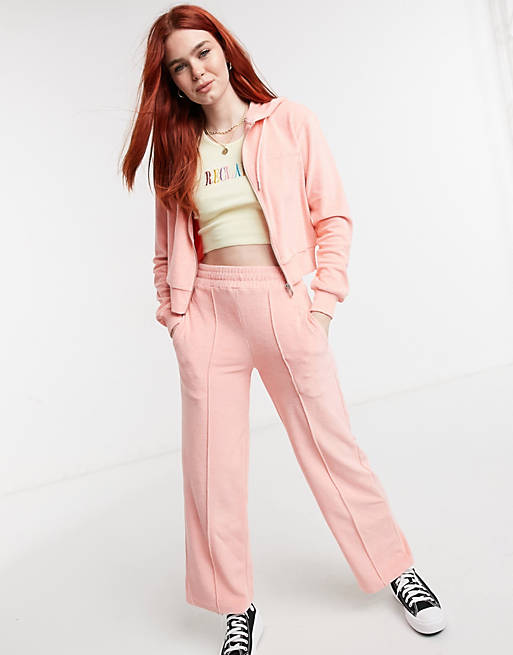 Women Reclaimed Vintage inspired zip front hoodie in towelling in pink 