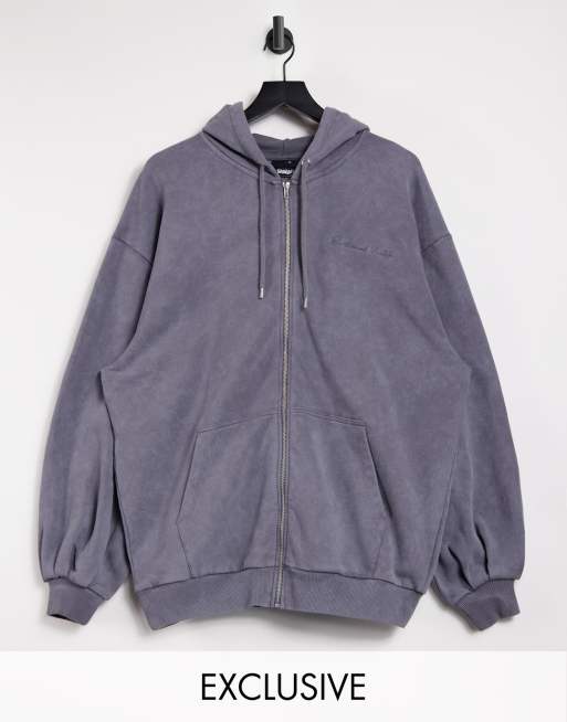 Reclaimed Vintage inspired zip up hoodie in charcoal
