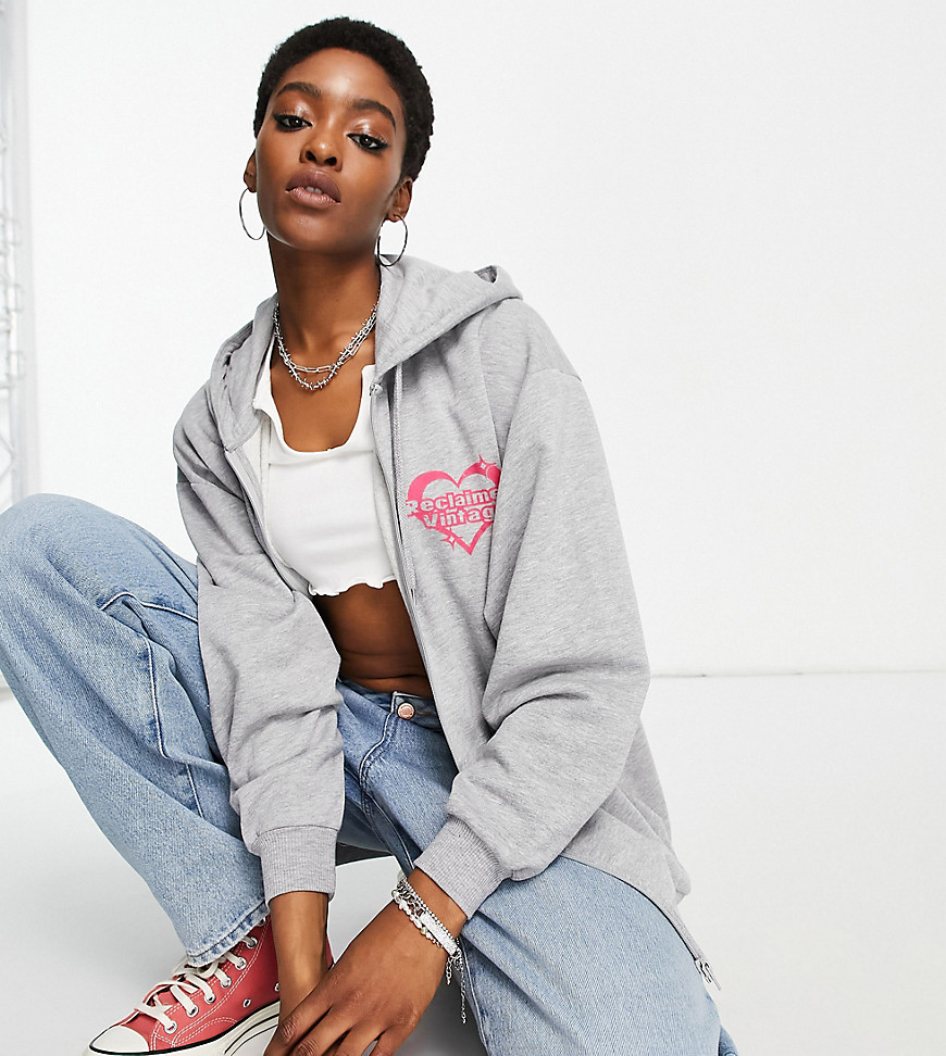 Reclaimed Vintage inspired zip up hoodie with pink heart logo in gray-Grey