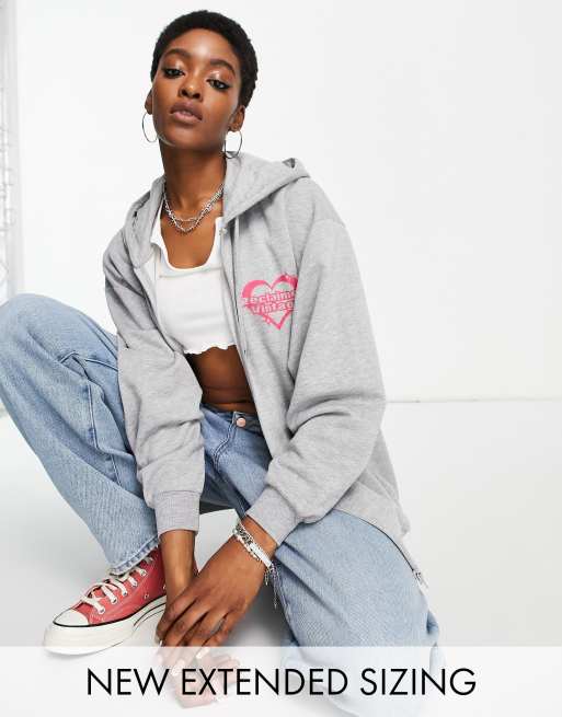 Reclaimed Vintage Inspired zip up hoodie with pink heart logo in grey