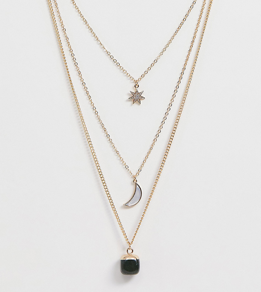 Reclaimed Vintage-inspireret flerradet halskæde med måne- og stjernestensvedhæng-Guld
