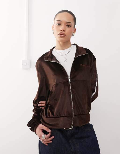 Reclaimed Vintage Jacke aus Velours in Schokobraun mit seitlichen Streifen und ReiBverschluss Kombiteil