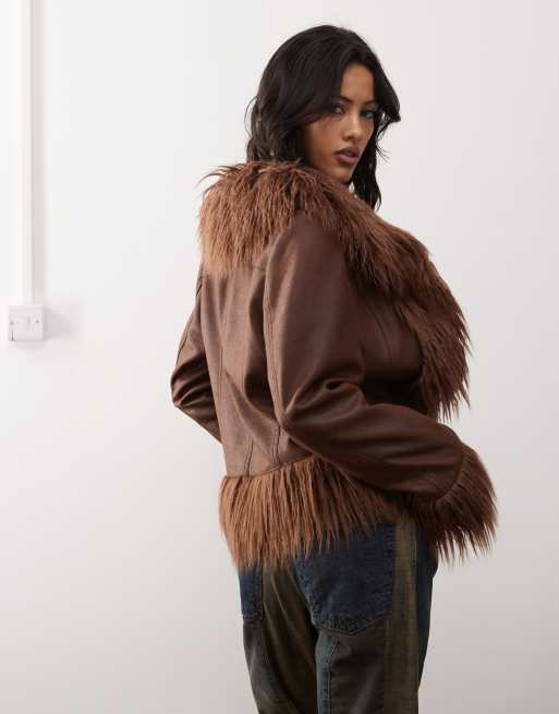Reclaimed Vintage jacket in washed brown with faux fur trims, 2 of 4