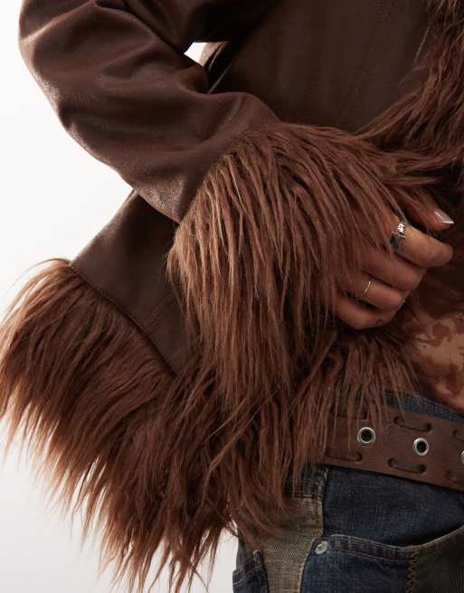 Reclaimed Vintage jacket in washed brown with fur trims ASOS