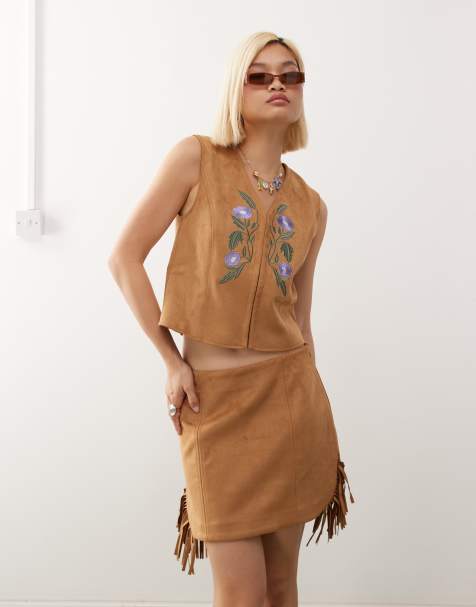 Reclaimed Vintage faux suede festival mini skirt with fringing in tan co-ord