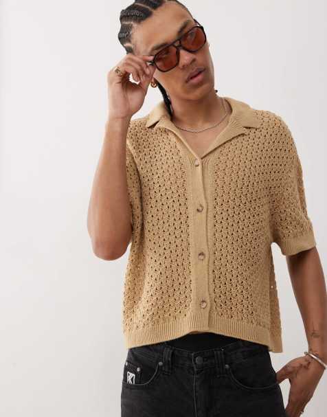 Reclaimed Vintage crochet knitted resort shirt in tan 