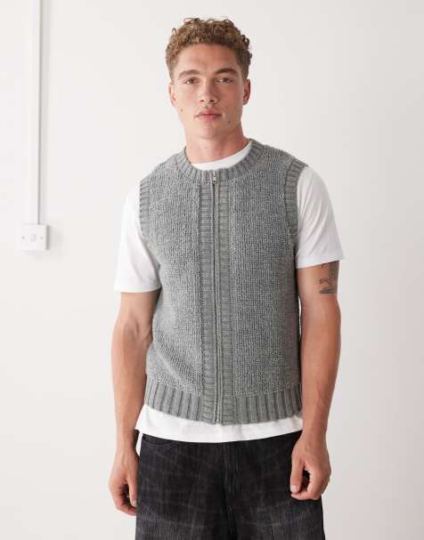 Reclaimed Vintage loop stitch knitted zip through tank in light grey