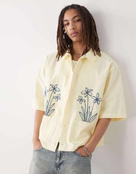 Reclaimed Vintage short sleeve boxy shirt with floral embroidery in butter yellow