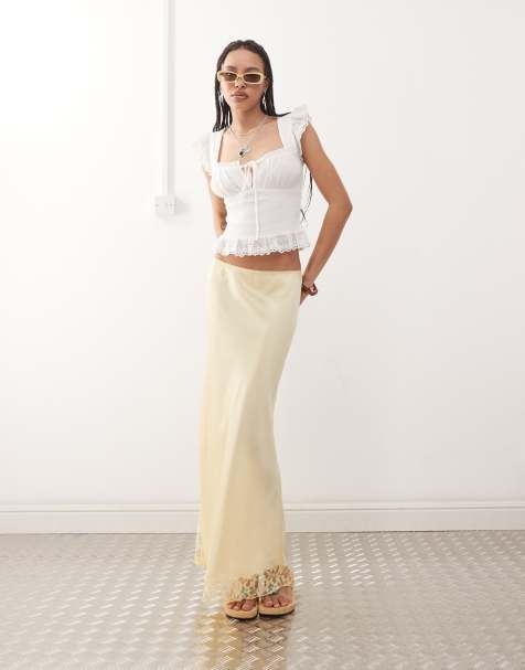 Reclaimed Vintage satin midi skirt with lace trim in buttermilk yellow