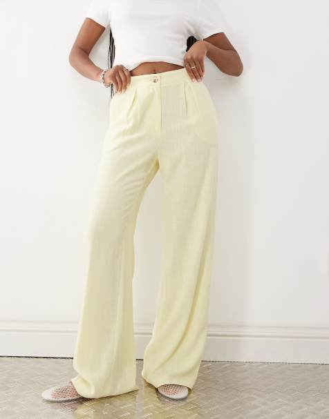 Reclaimed Vintage wide leg relaxed linen blend trouser in buttermilk yellow