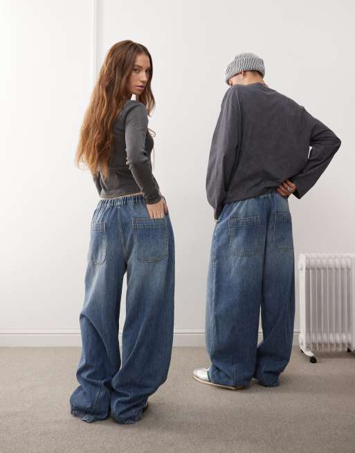 Reclaimed Vintage - Jean bouffant unisexe à taille élastique - Bleu moyen, 2 de 5