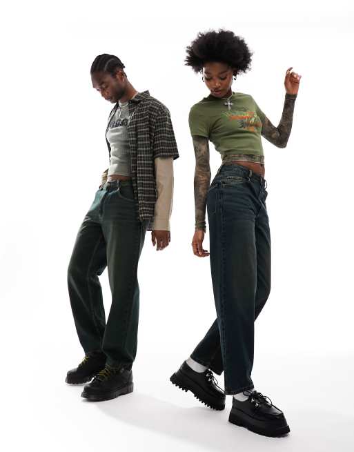 Reclaimed Vintage - Jean unisexe coupe ample - Vert écume délavé