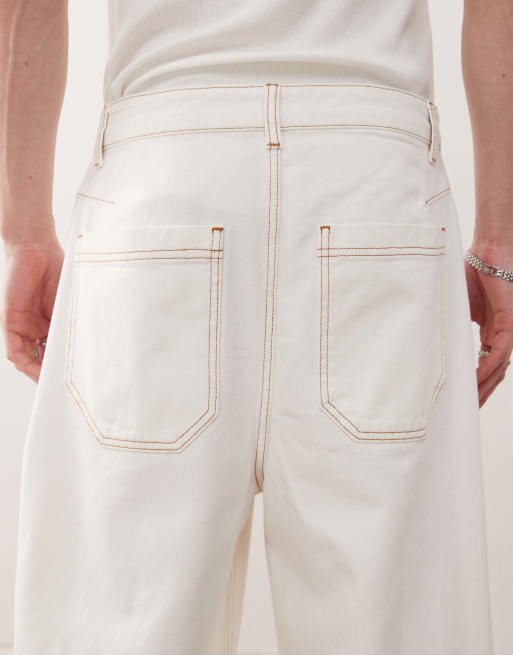 Reclaimed Vintage - Jeans larghi stile western écru con cuciture a contrasto in coordinato, 4 di 5