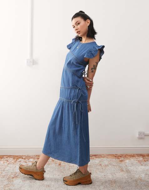 Reclaimed Vintage – Jeansowa sukienka maxi z asymetrycznym marszczeniem - view 1