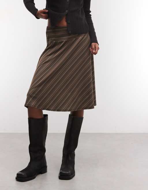 Reclaimed vintage jersey awkard length skirt in brown stripe, 3 of 5