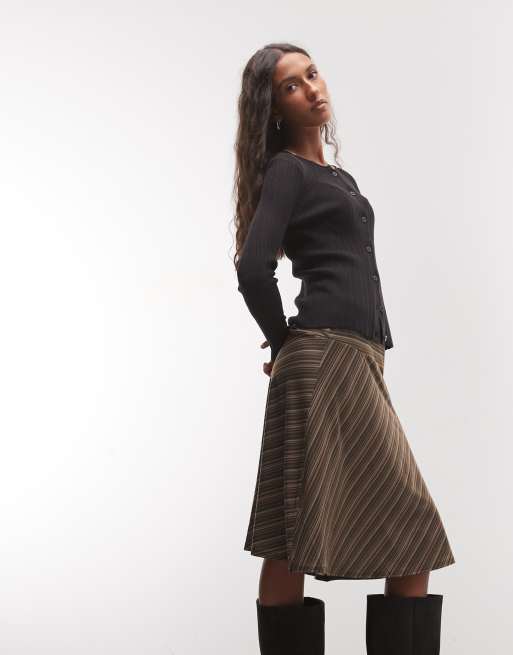 Reclaimed vintage jersey awkard length skirt in brown stripe, 4 of 5