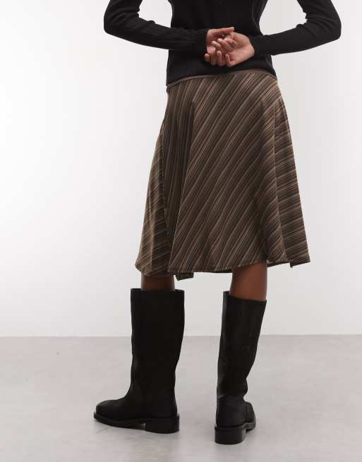 Reclaimed vintage jersey awkard length skirt in brown stripe, 5 of 5